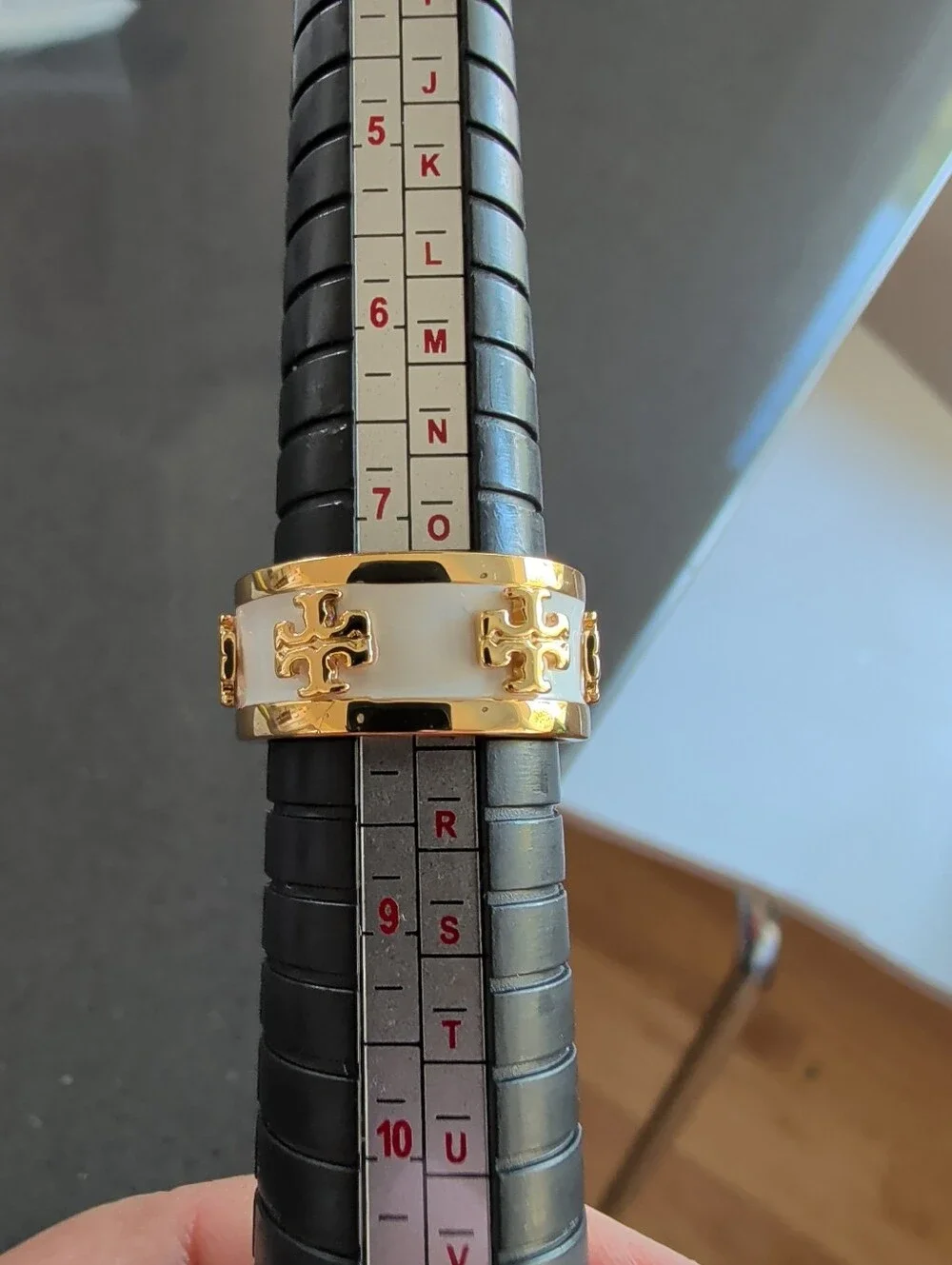 Tory Burch Yellow Gold Plated Enamel Band Ring White Logo Design Sz 7.75 - W49